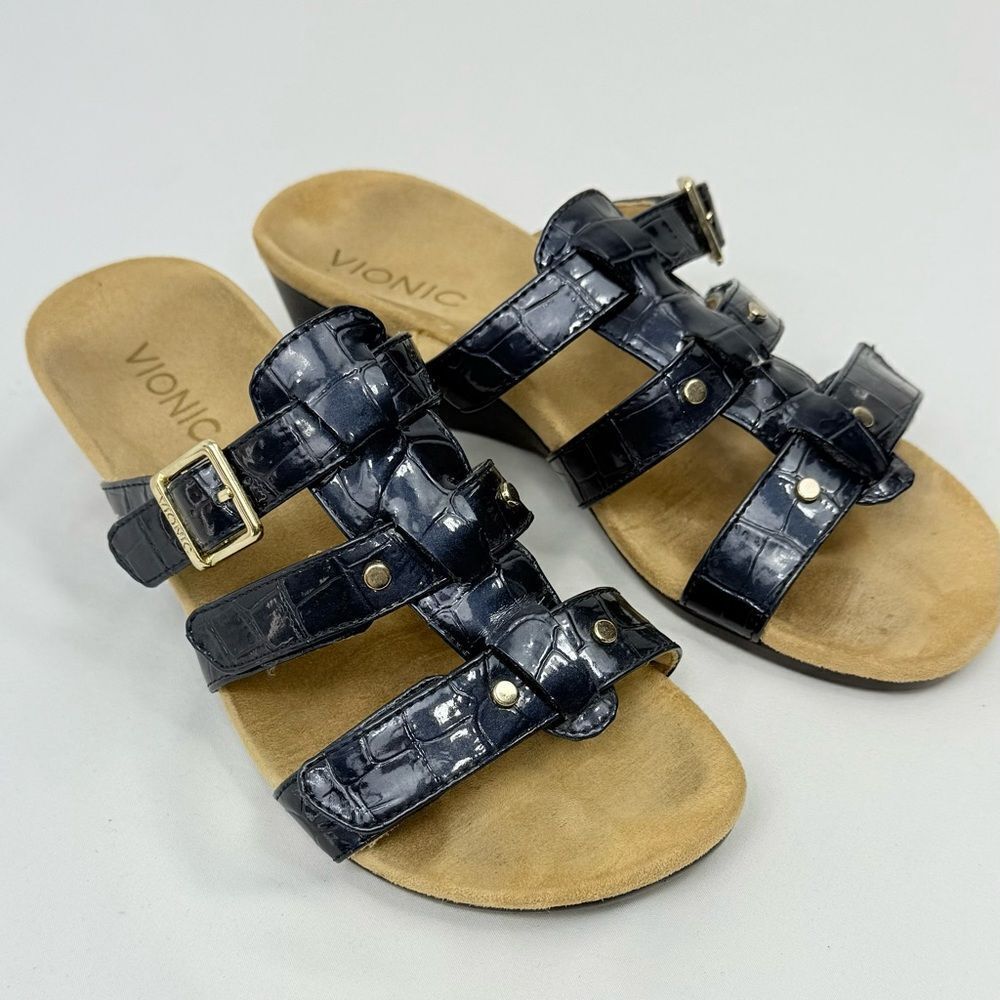 Vionic RADIA Blue Patent Reptile Embossed Triple T Strap Slide Wedge Sandals